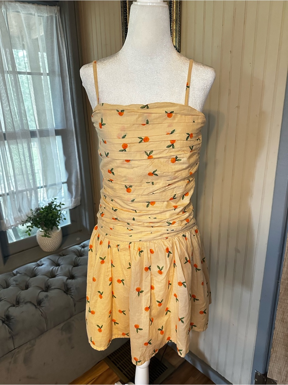 Japna Peach Fruit Print Ruched Mini Dress Cotton Lined Smocked Back Size M